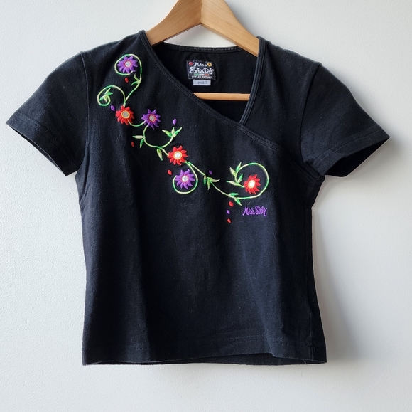 Miss Sixty Tops - Vintage Miss Sixty Funky Floral Embroidery Crossover Cropped Tee